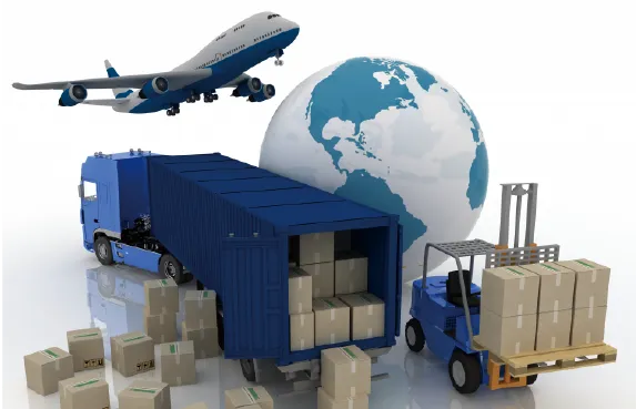 Airplane, truck, forklift, and globe representing global logistics.