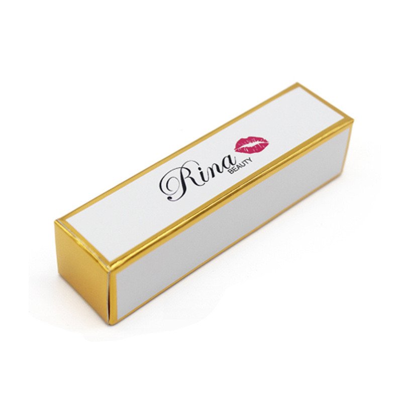 White and gold rectangular box labeled "Rina Beauty" with a pink lip print.