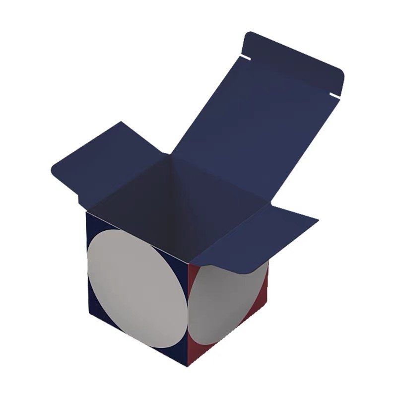 A navy blue folding box with an open lid and circular white accents on its sides.