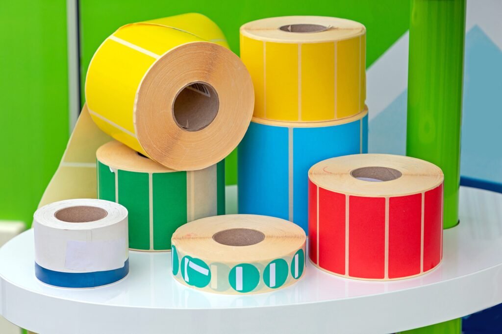 A close-up of self-adhesive stickers, showcasing various designs and labels on a roll.