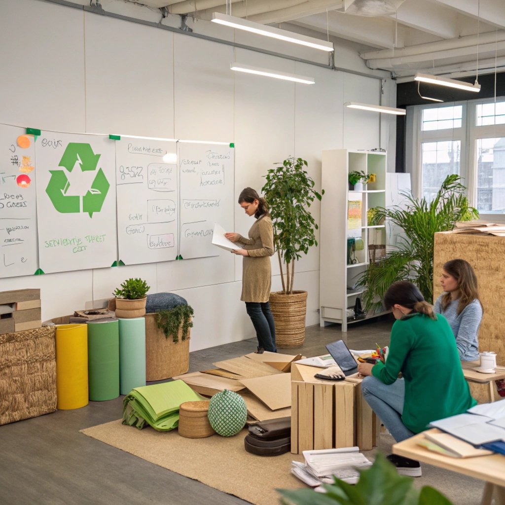 "A minimalist workspace with a desk, laptop, and plant in a bright room."