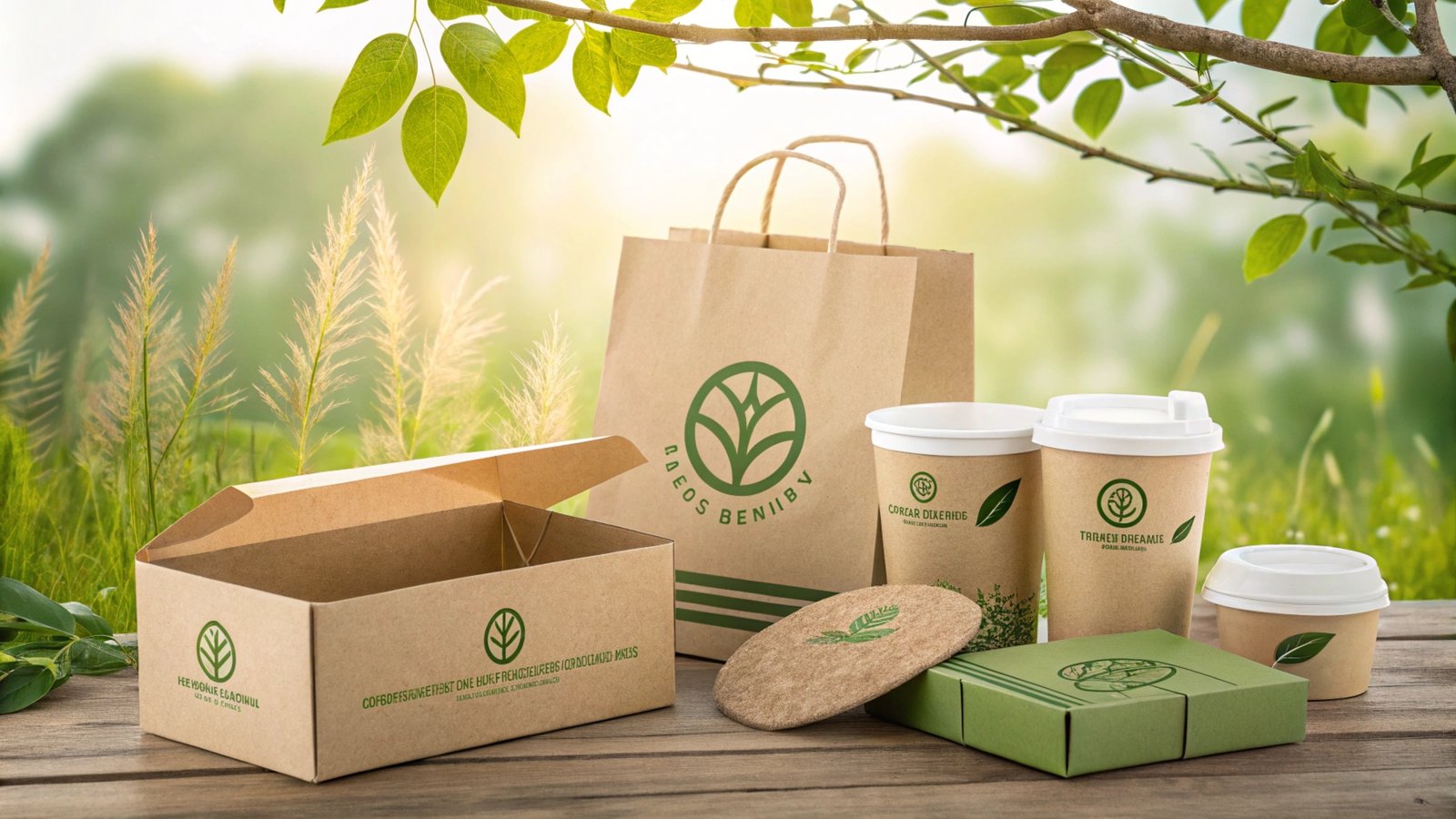 Alternative text: eco-friendly paper bags and cartons with minimalist design, perfect for gift wrapping.
