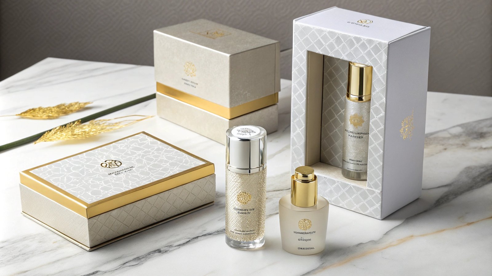 Luxury skincare bottles with silver and gold accents, displayed with matching gift boxes.