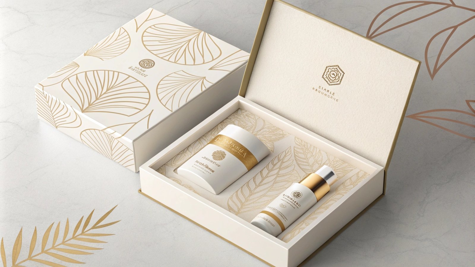 Elegant white gift box with gold leaf design, containing skincare cream and serum bottles.