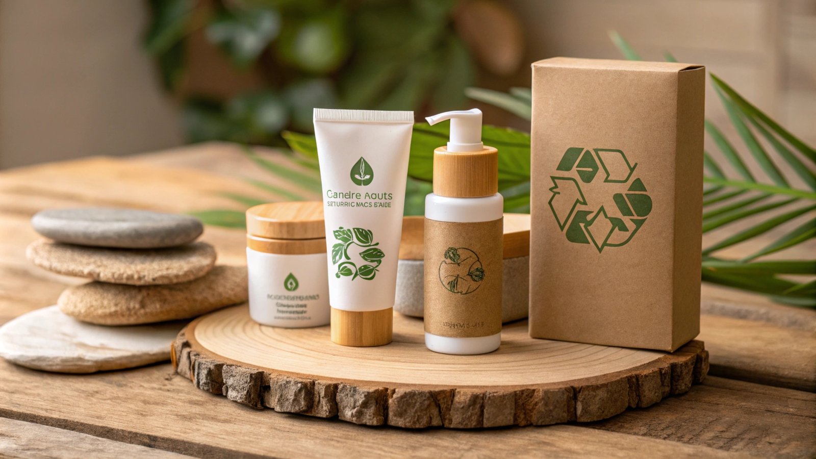 Sustainable skincare products with wooden accents, eco-friendly packaging, and green recycling symbol.
