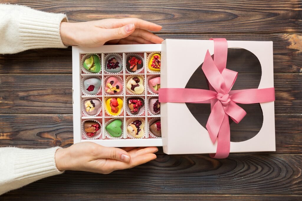 A beautifully designed chocolate box with intricate patterns, perfect for gift packaging.