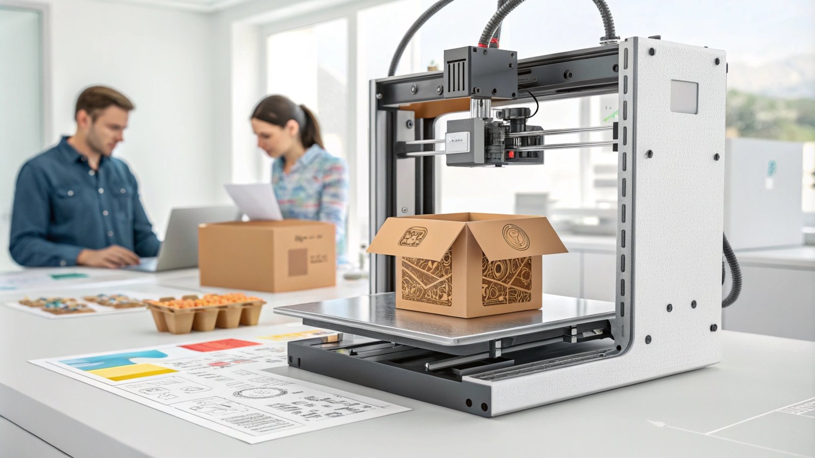 3D printer creating custom cardboard packaging with design details.