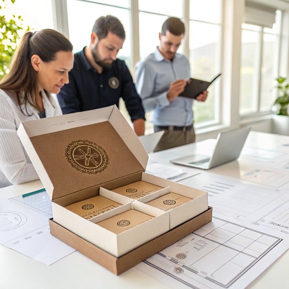 Team reviewing eco-friendly packaging design with open brown box on desk.