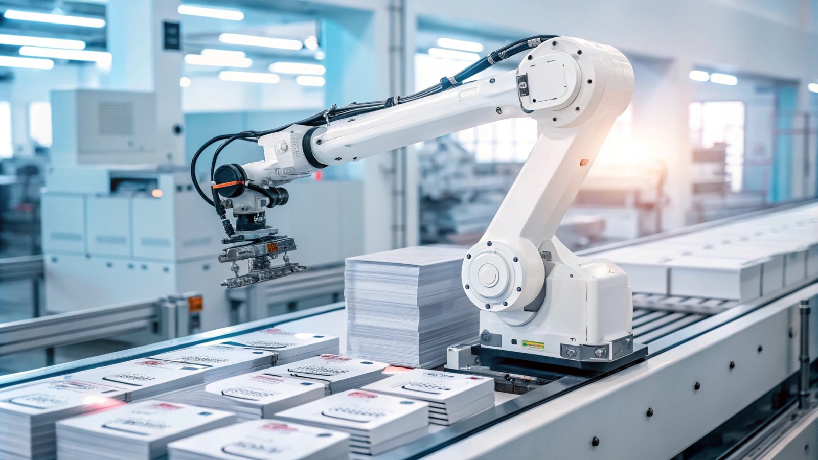 Robotic arm sorting stacks of printed materials in a factory.