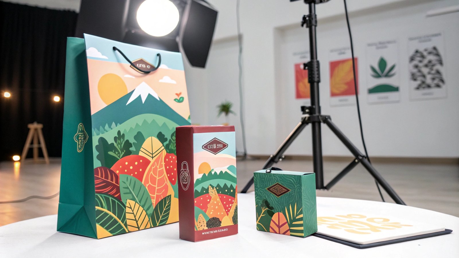 Vibrant product packaging with nature-inspired illustrations in a studio setup.