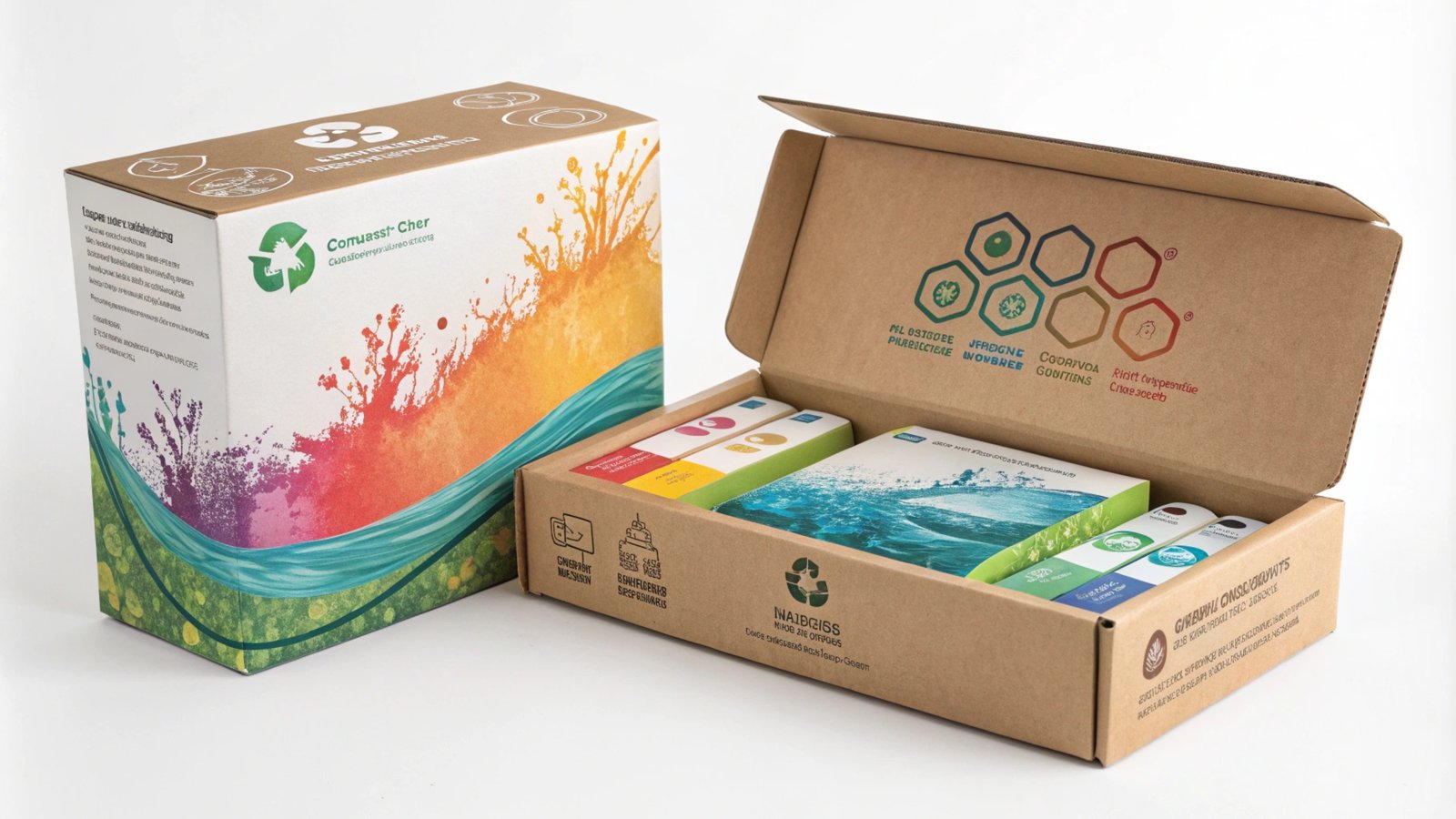 Recyclable cardboard box with vibrant, nature-inspired designs.