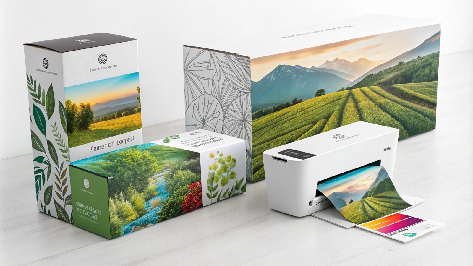 Printer and eco-friendly packaging featuring scenic landscape