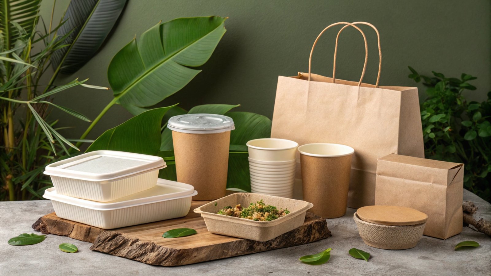 Sustainable food containers, cups, and bags with a natural green backdrop.