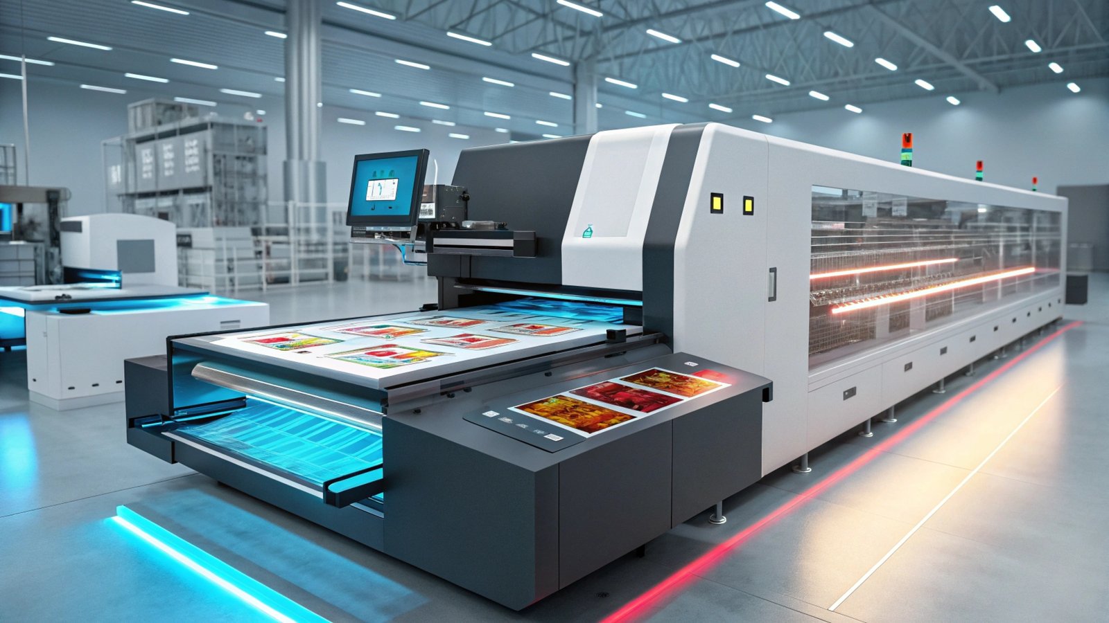 A sleek digital printing machine producing vibrant prints in a high-tech environment.