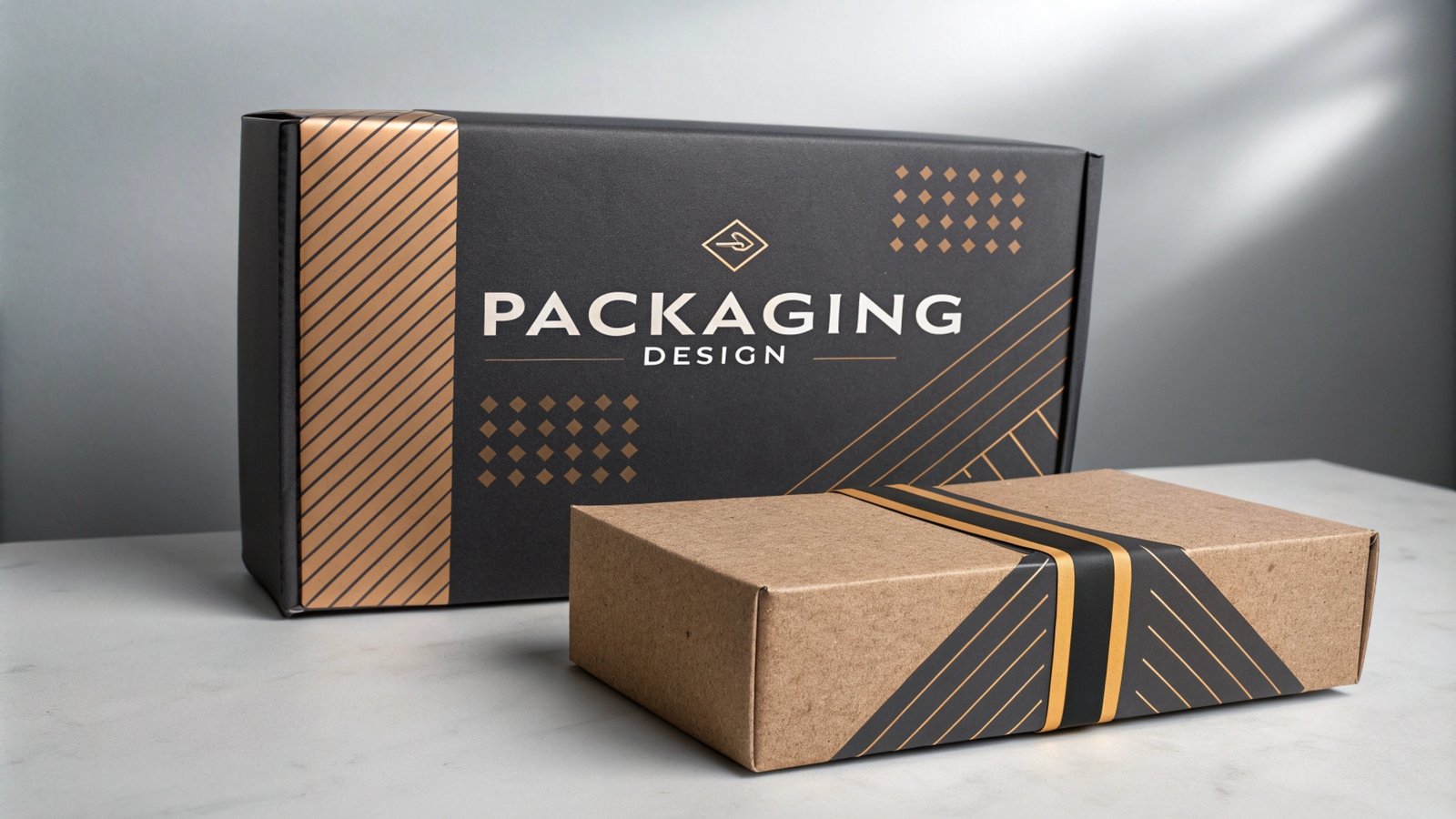 Minimalist packaging with black and gold geometric accents.