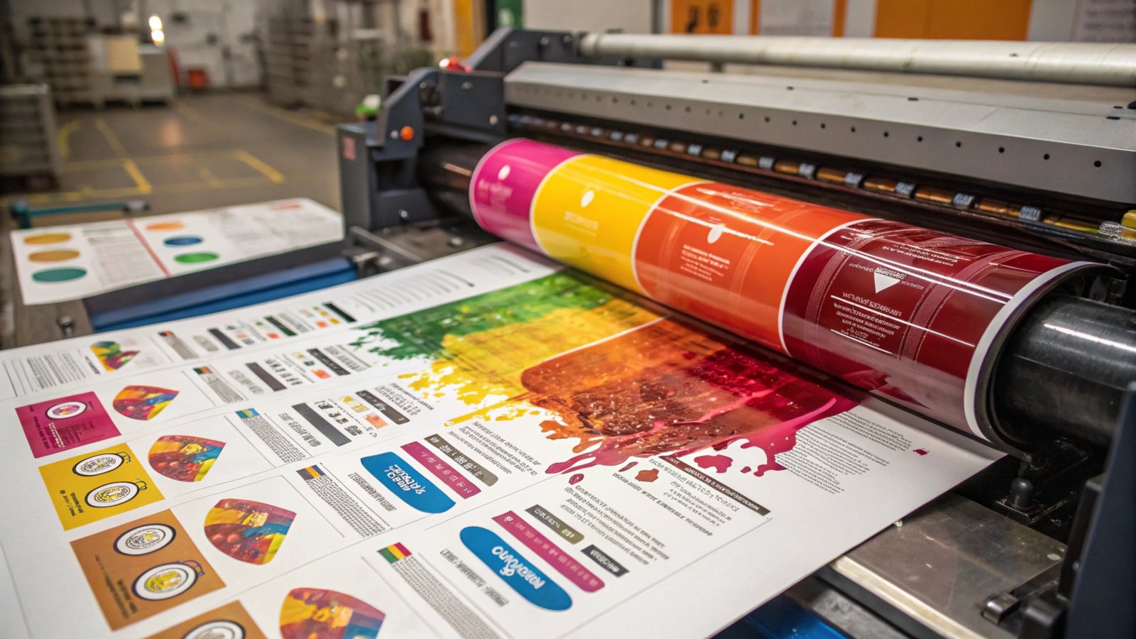 A printing press producing colorful sheets with vivid designs.