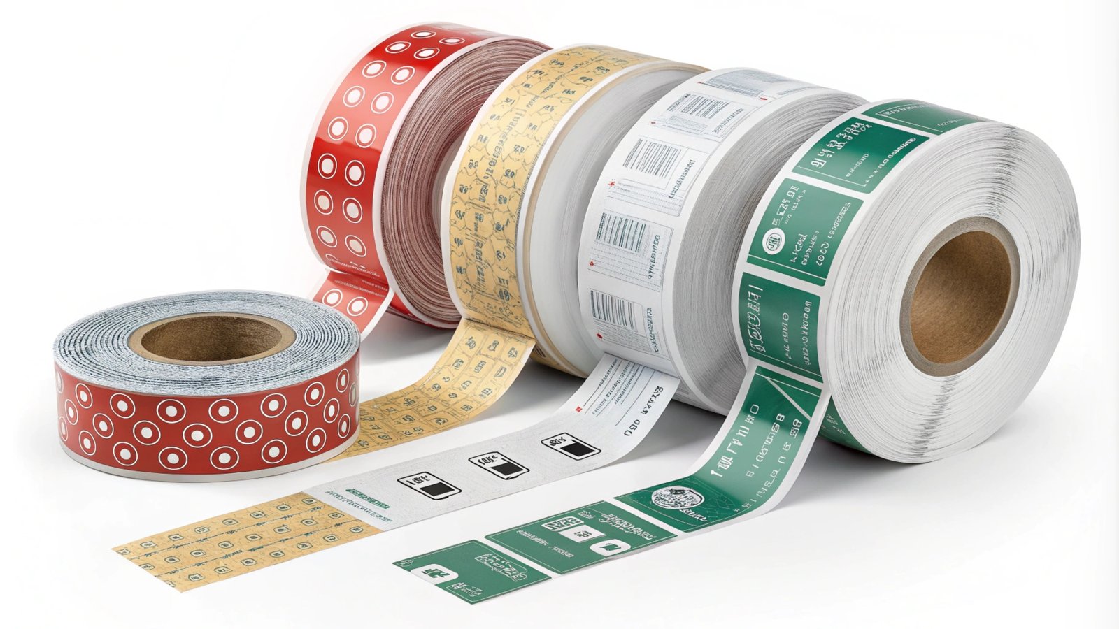  Various label rolls with colorful and detailed designs for packaging.