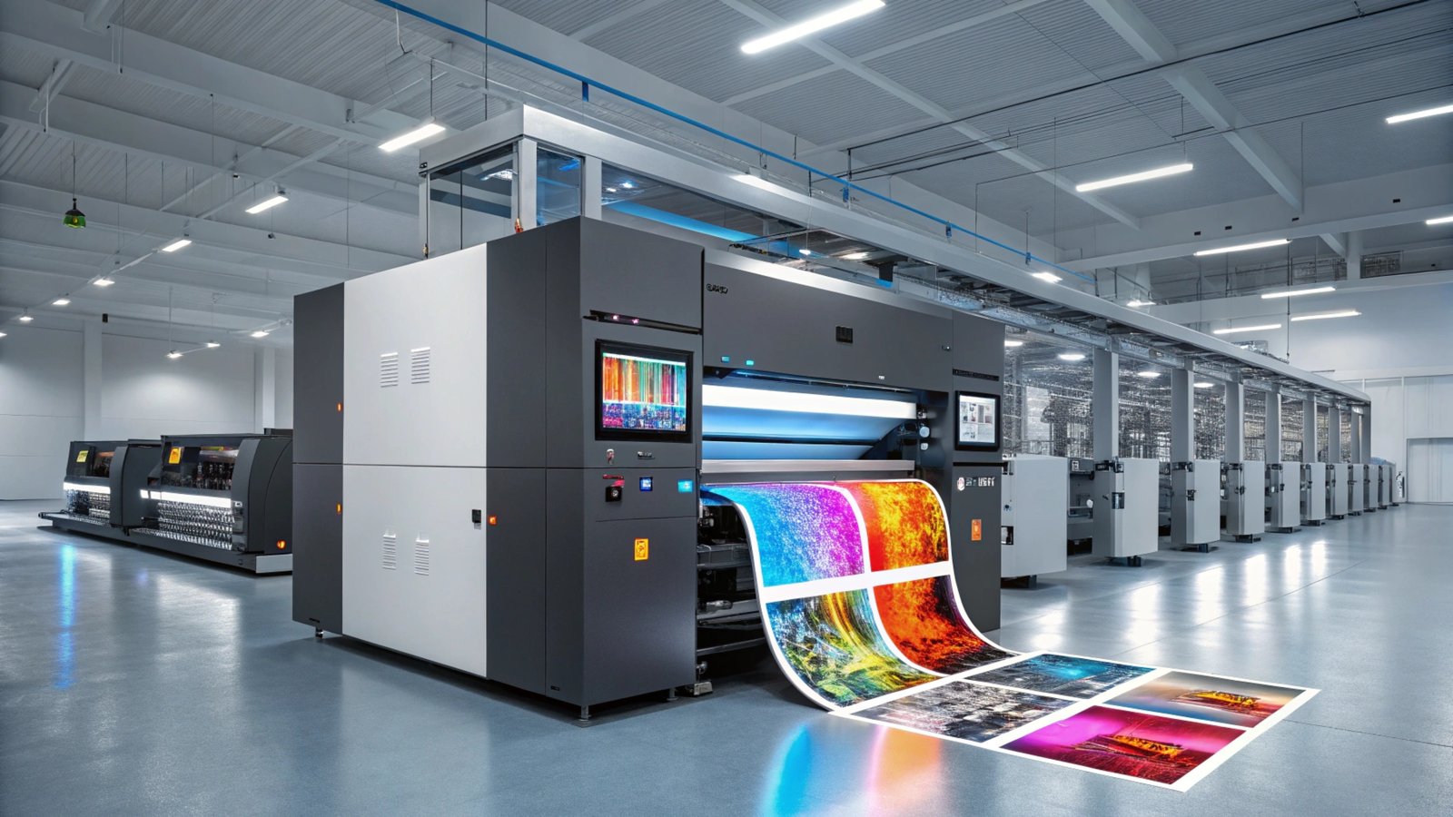 A large industrial printer producing vibrant, high-quality prints in a spacious facility.