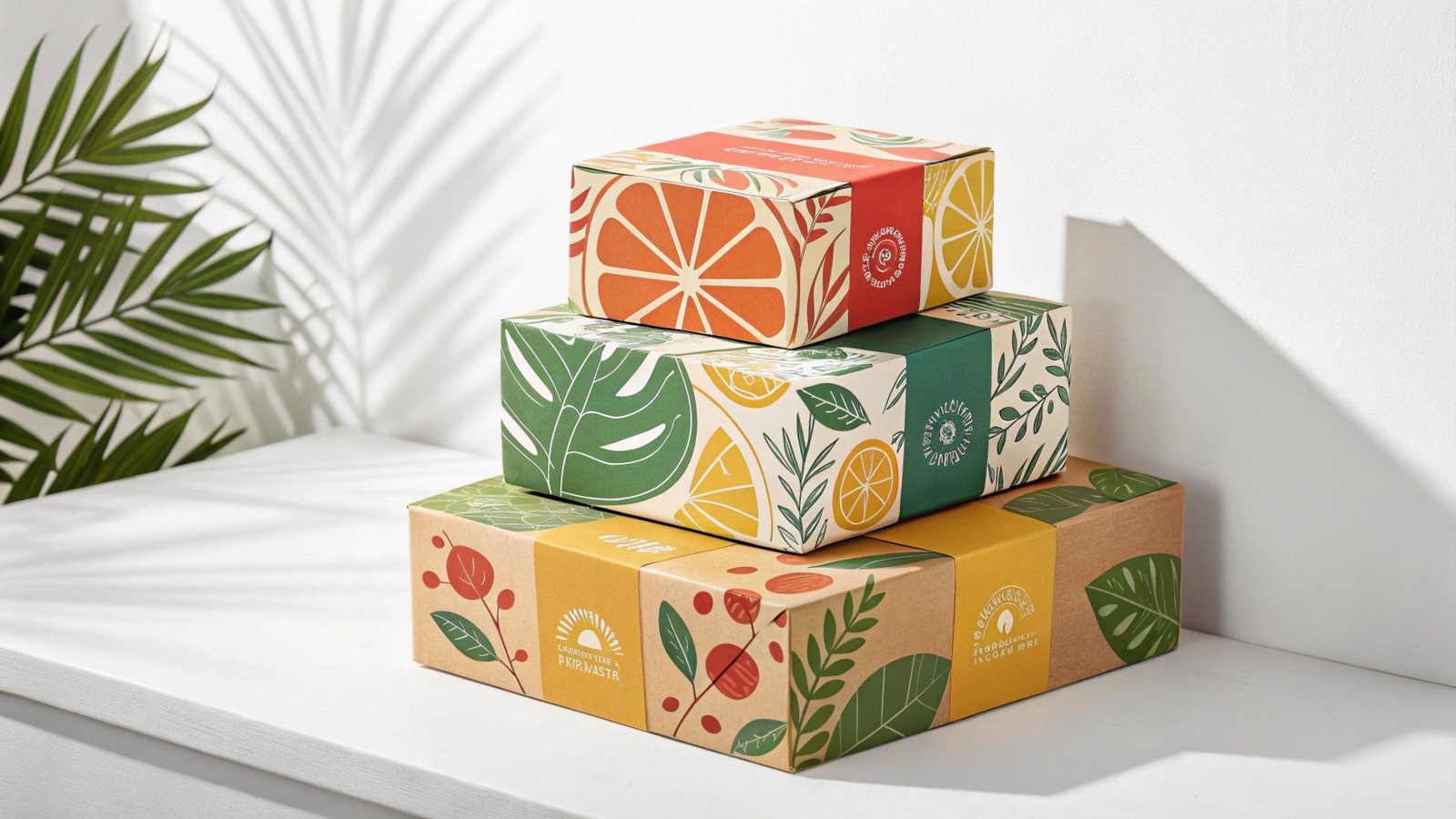 Three colorful boxes with nature-inspired designs stacked on a white surface.