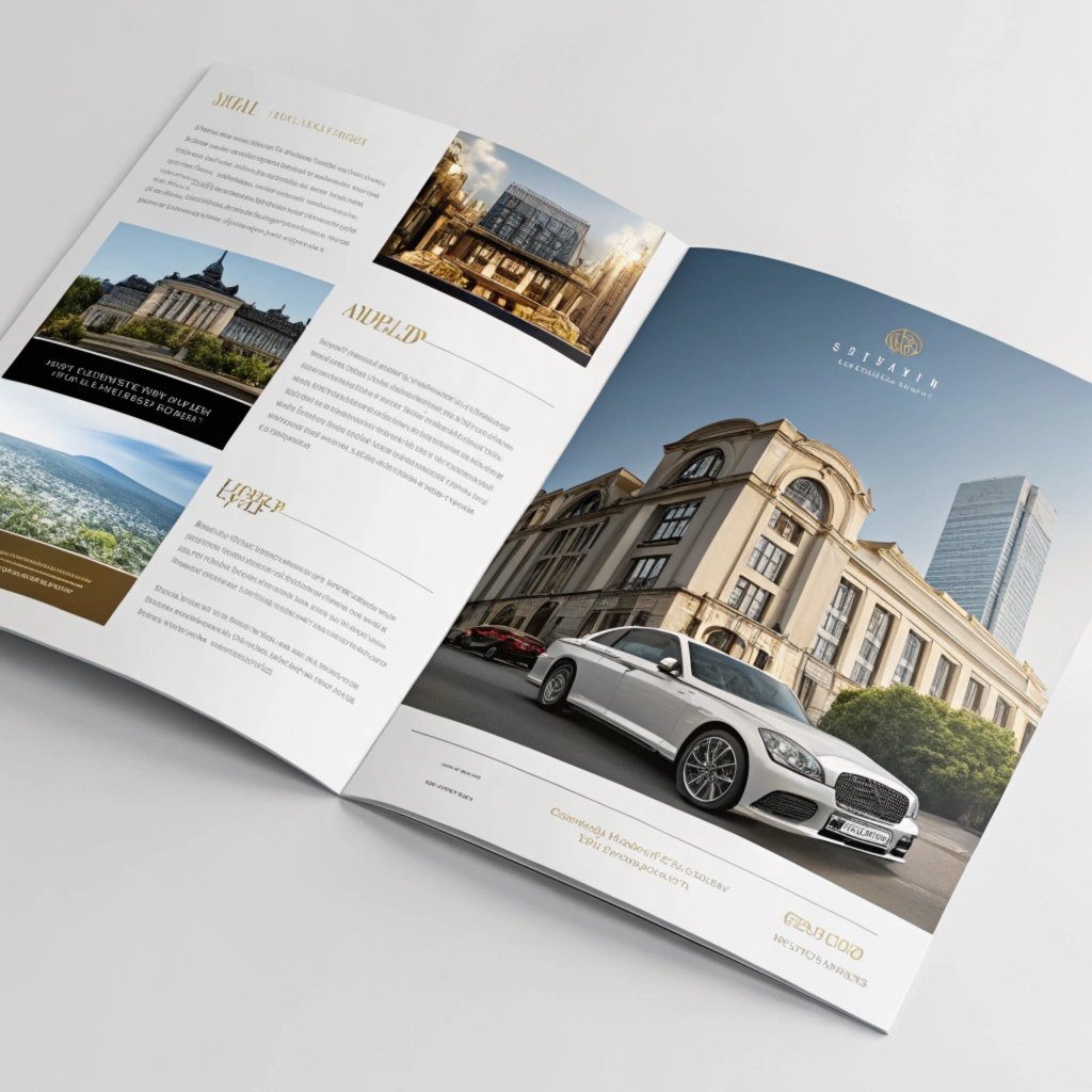 Open brochure showcasing a luxury car and architecture.