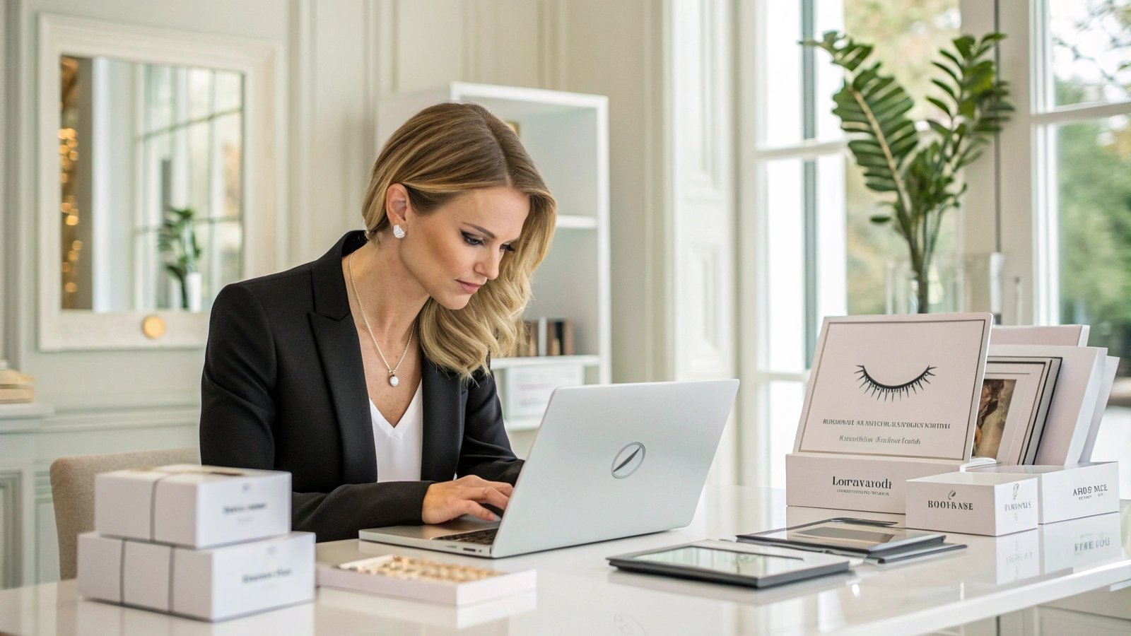 Woman working on a laptop with beauty products displayed on a desk.