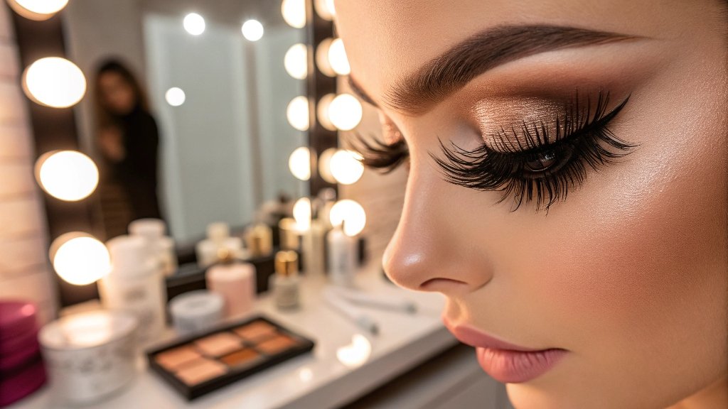Woman with dramatic makeup under vanity mirror lights.