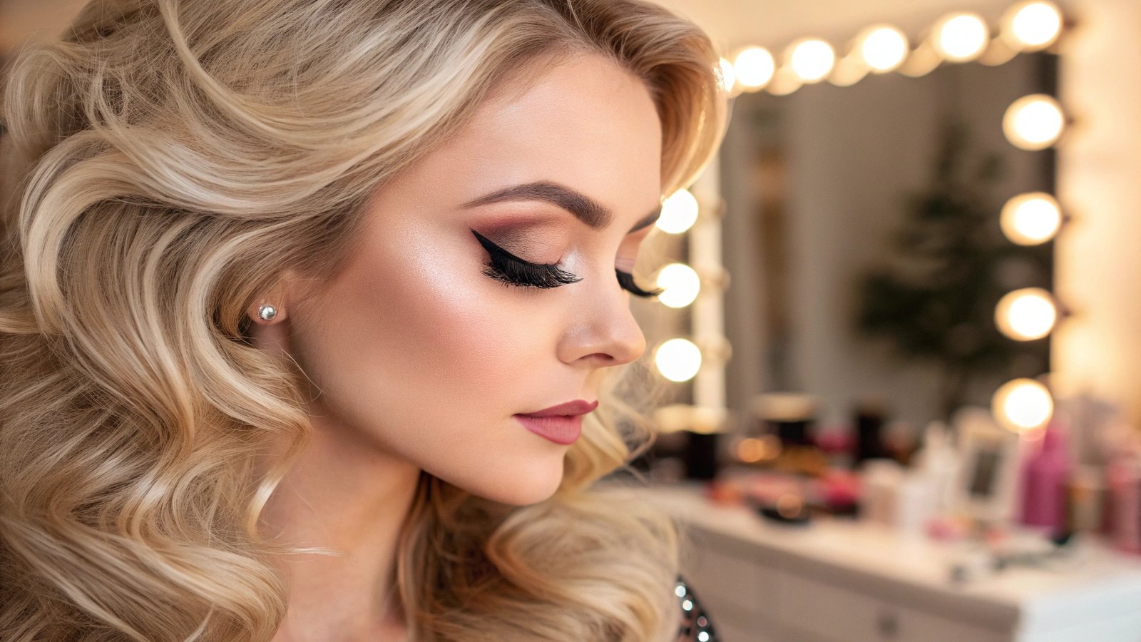  Close-up of a glamorous blonde woman with bold makeup in front of a lit vanity mirror.