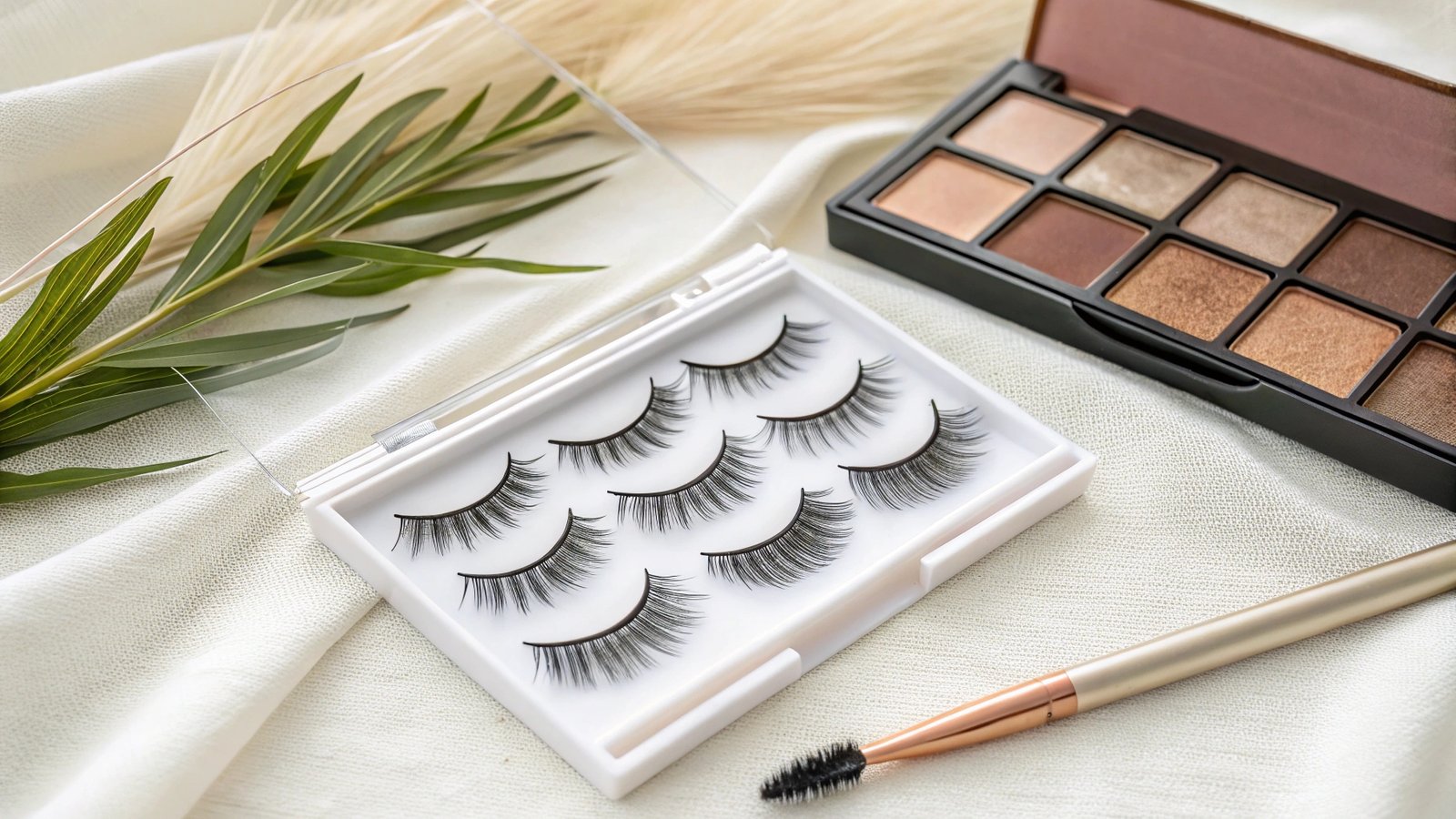 A set of false eyelashes, an eyeshadow palette, and a makeup brush arranged on soft fabric with decorative leaves.