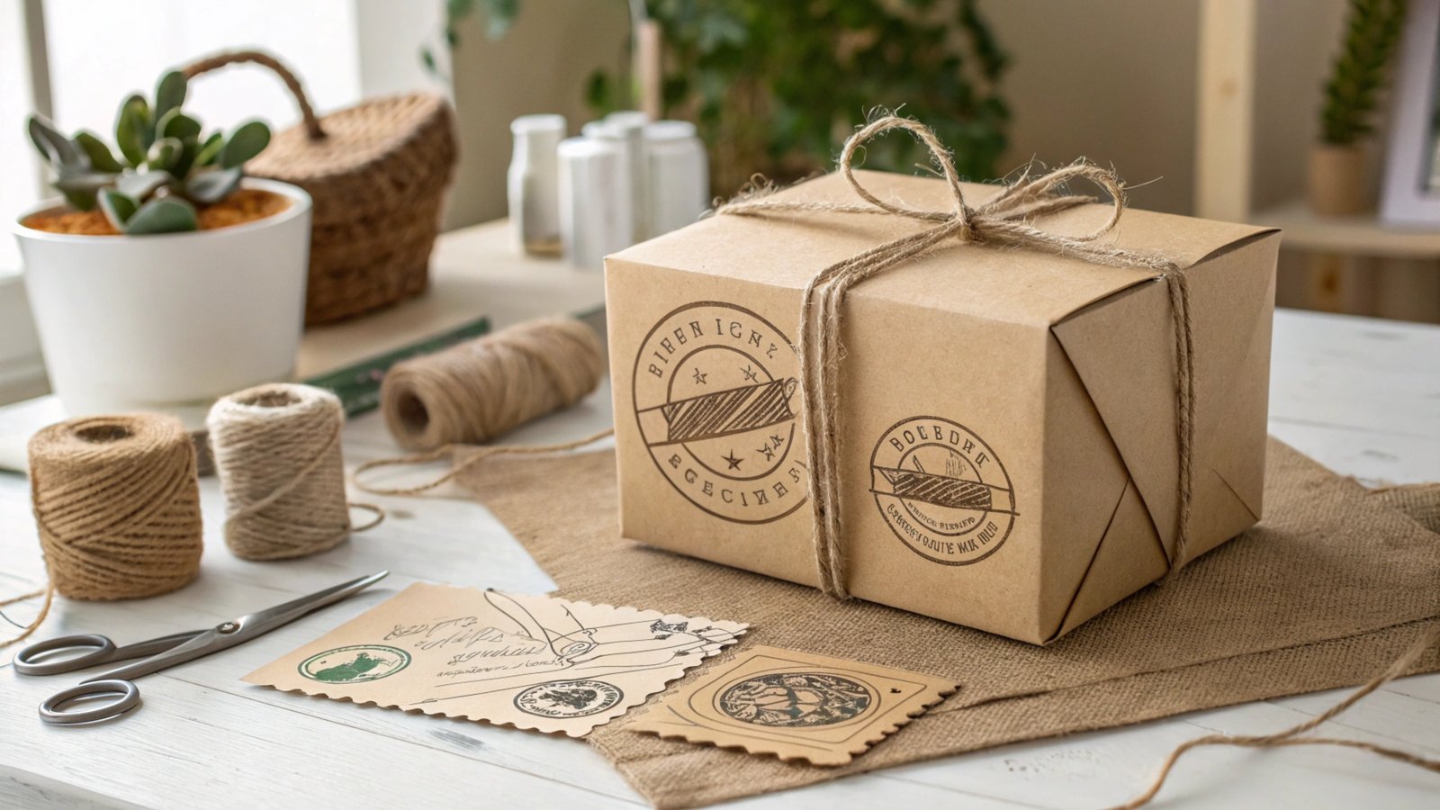 A kraft-paper-wrapped gift box tied with twine, surrounded by crafting materials in a cozy setting.