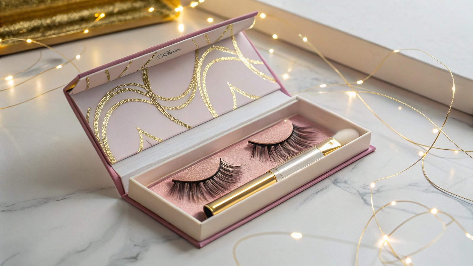 Hand holding tweezers with false eyelashes in a case.