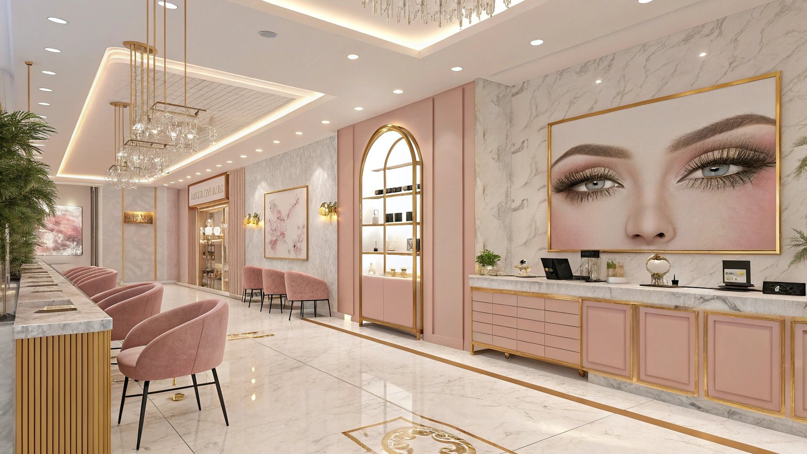 Stylish beauty salon with soft colors and luxury decor.