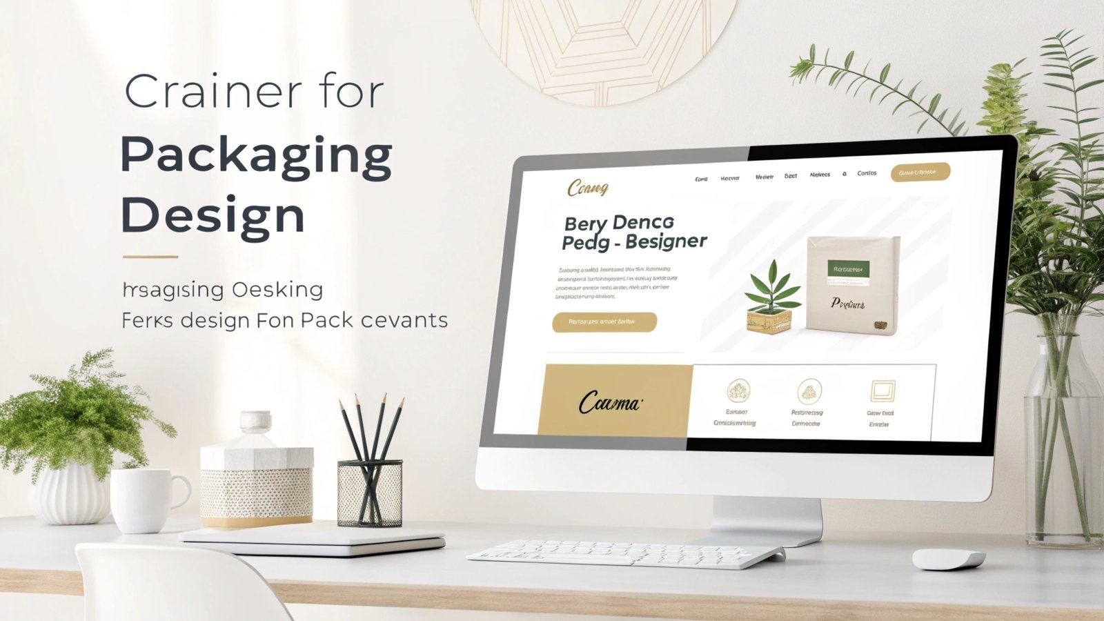 A computer screen showing a packaging design webpage in a minimalist, plant-filled workspace.