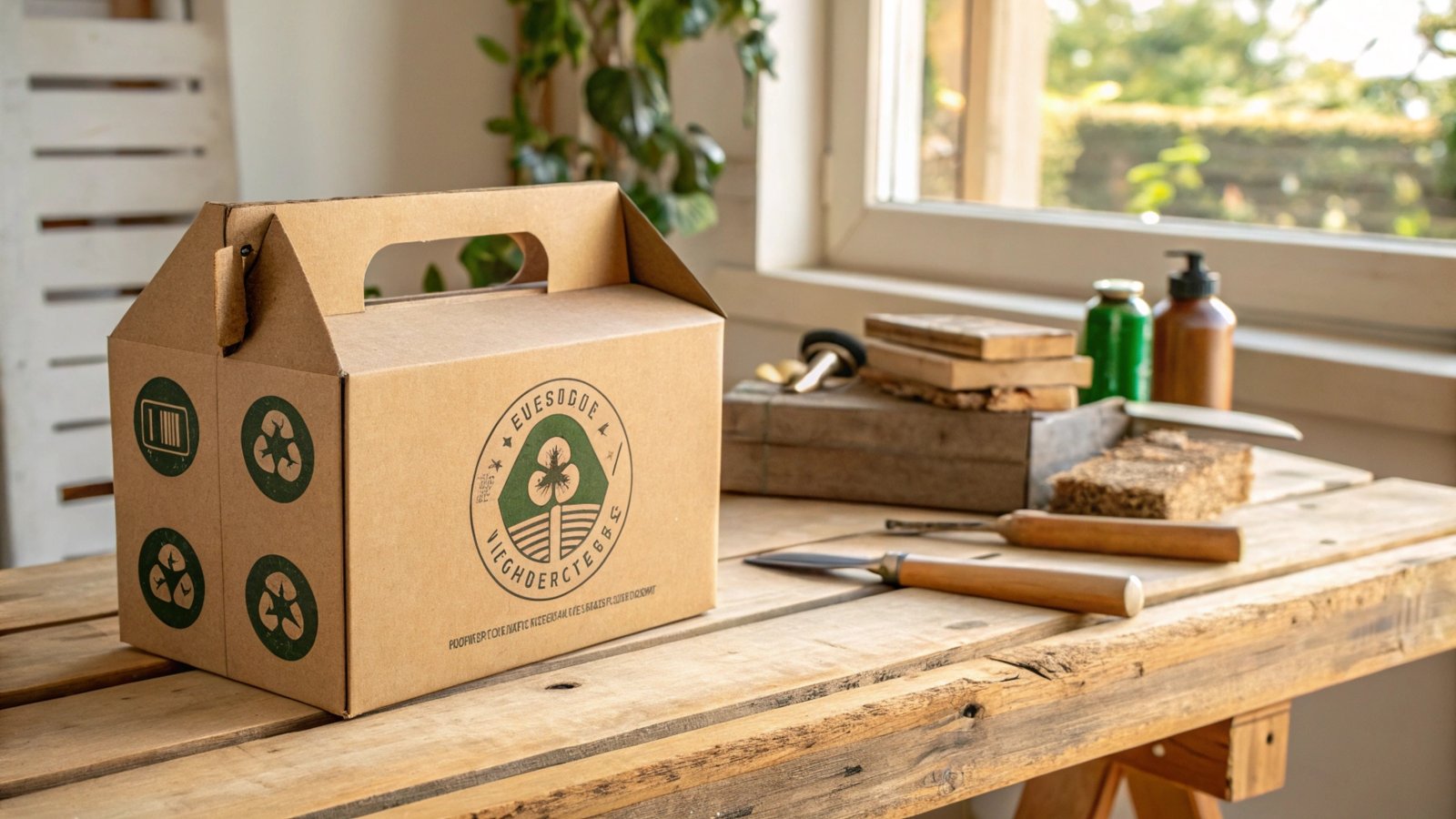 A recyclable kraft carry box on a rustic wooden table with tools and eco-friendly products.