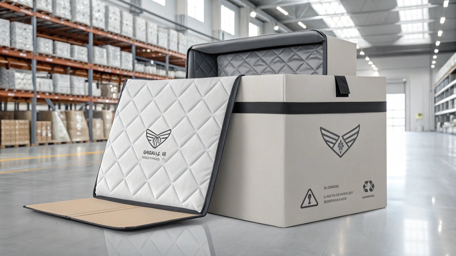 A large, quilted insulated shipping box displayed in a modern warehouse.