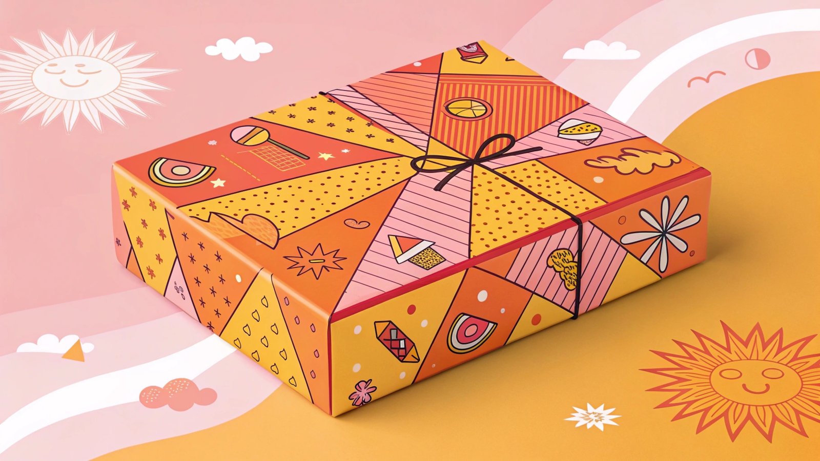 A colorful, abstract-patterned gift box on a sunny-themed backdrop.